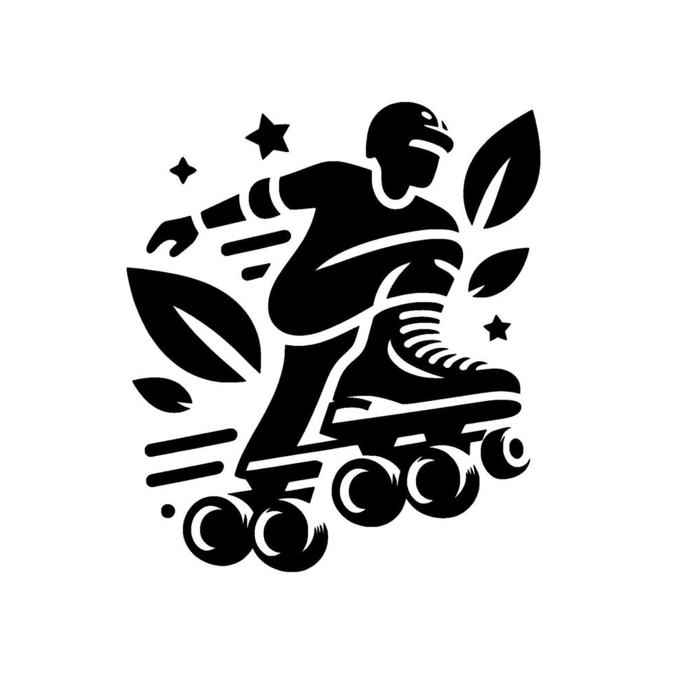 Dynamic Black White Illustration Roller Skater with Leaves, Stars, Artistic Motion, Depicting Active Lifestyle, Sport. vector