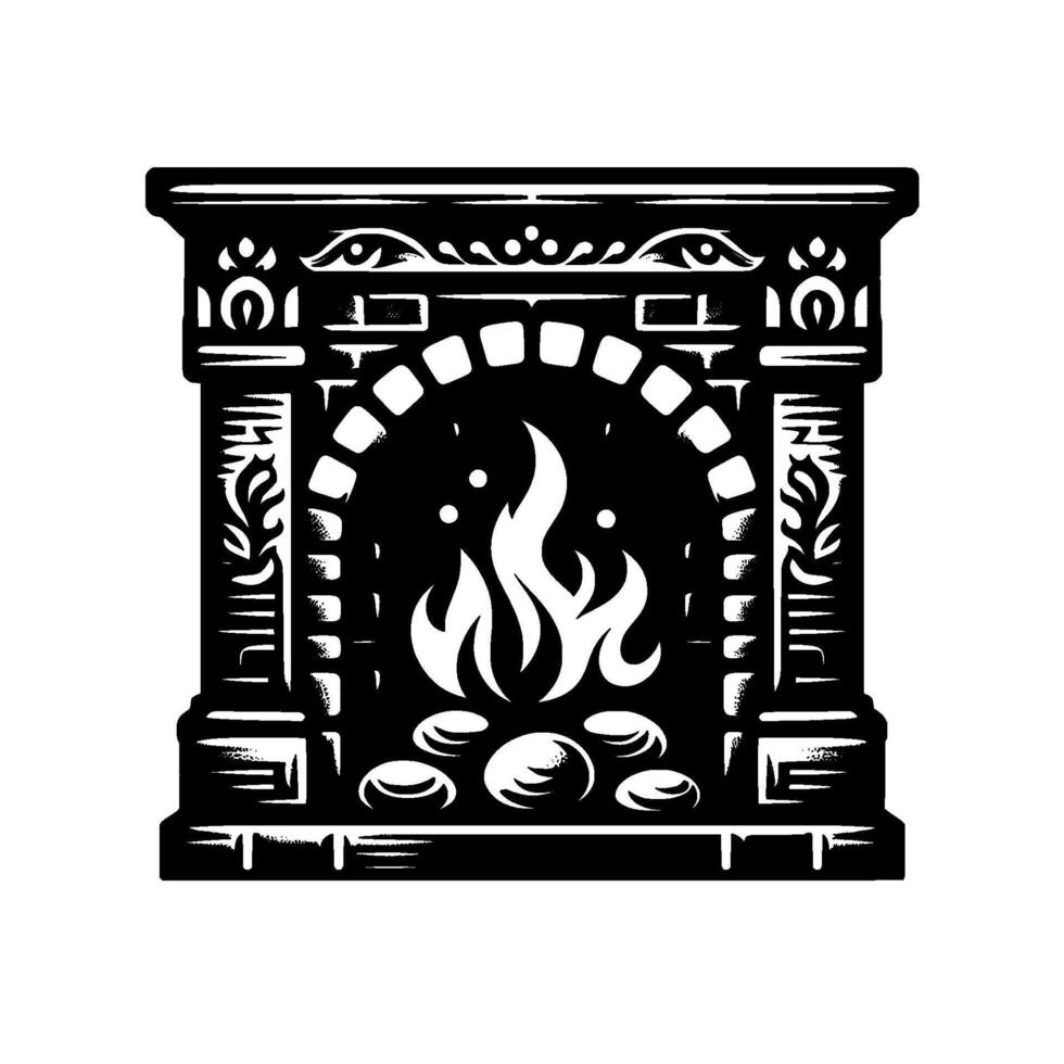 Stylized Black and White Fireplace Illustration with Flames, Arched Opening, Pebbles, and Ornamental Detailing, perfect for cozy themes. vector