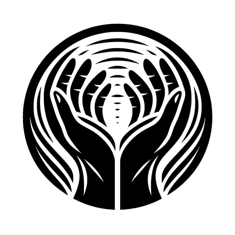 Symbolic of Interlocking Hands Enclosing Abstract Curves within a Black Circle, Representing Protection and Nurturing. vector