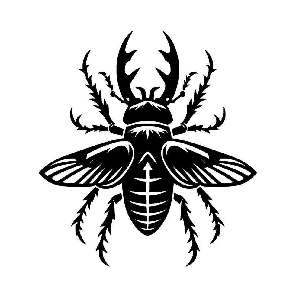 Black and white symmetrical illustration of a stag beetle, showcasing its prominent mandibles, wings, and intricate details, set against a white background. vector