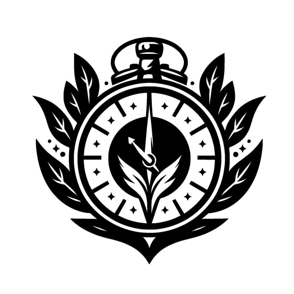 Elegant Black and White Emblem Pocket Watch Adorned with Leaves, Representing Times Fusion with Nature vector