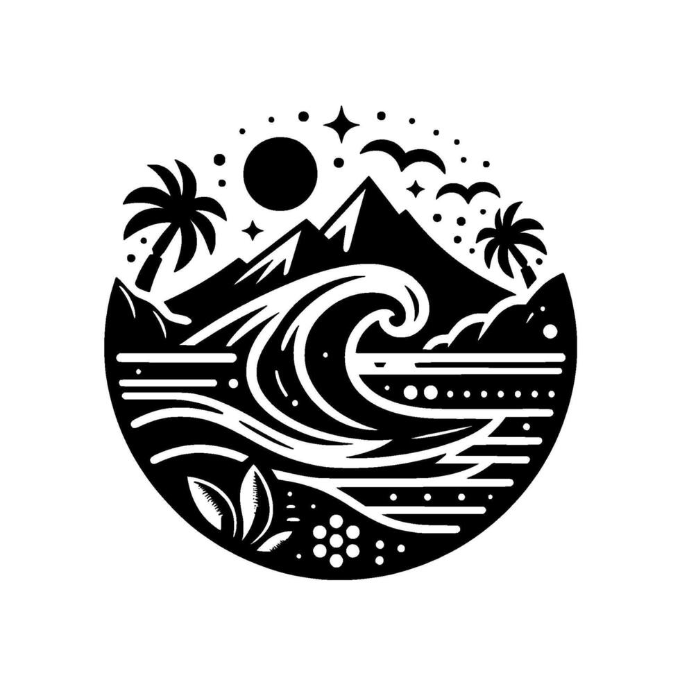 A monochromatic circular illustration of a coastal landscape with palm trees, a crashing wave, mountains, sun, stars and birds, exuding a serene and stylized aesthetic. vector