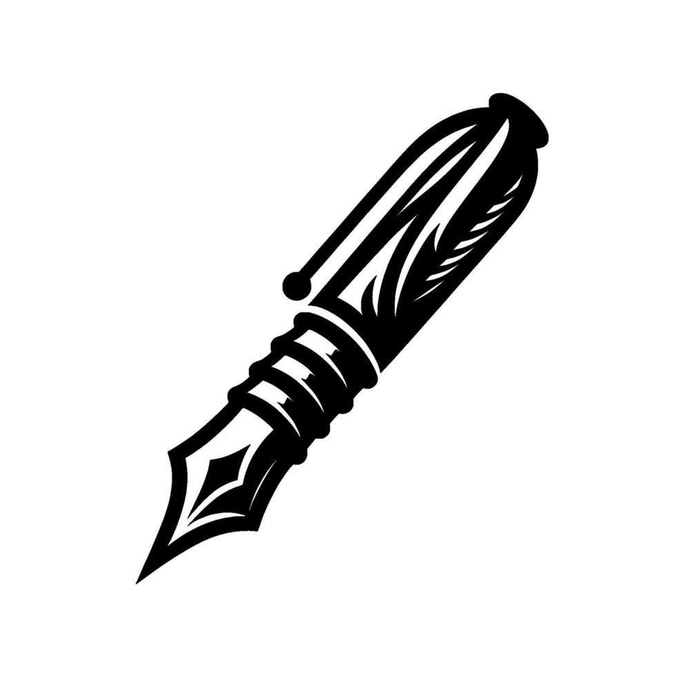 Elegant Black and White Illustration of a Fountain Pen with Detailed Decorative and Fine Tip on White Background. vector