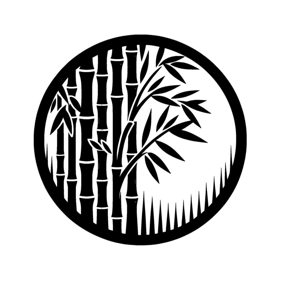 Elegant black and white circular featuring stylized bamboo stalks and leaves, conveying serenity and balance. vector