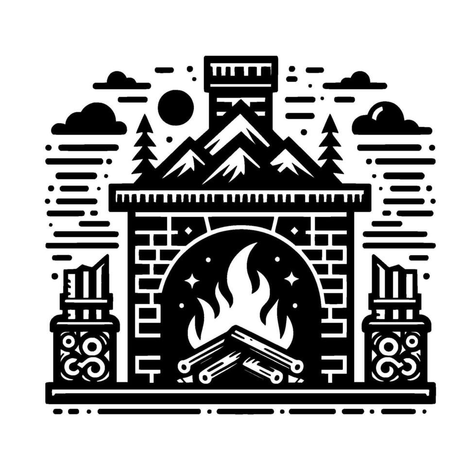 Stylized black and white illustration of a cozy fireplace with a mountain range facade, burning logs, and a starry night sky. vector