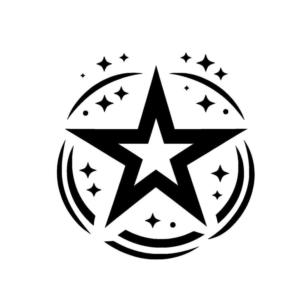 Bold Black White Starburst Emblem A Central Star with Circular Sparkles, Evoking Energy Achievement, a Minimalist . vector