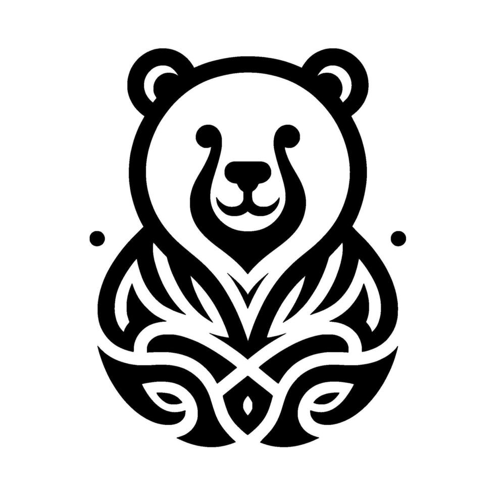 A symmetrical, stylized black and white bear with decorative triballike patterns, evoking a sense of nature and minimalist on a bright white backdrop. vector