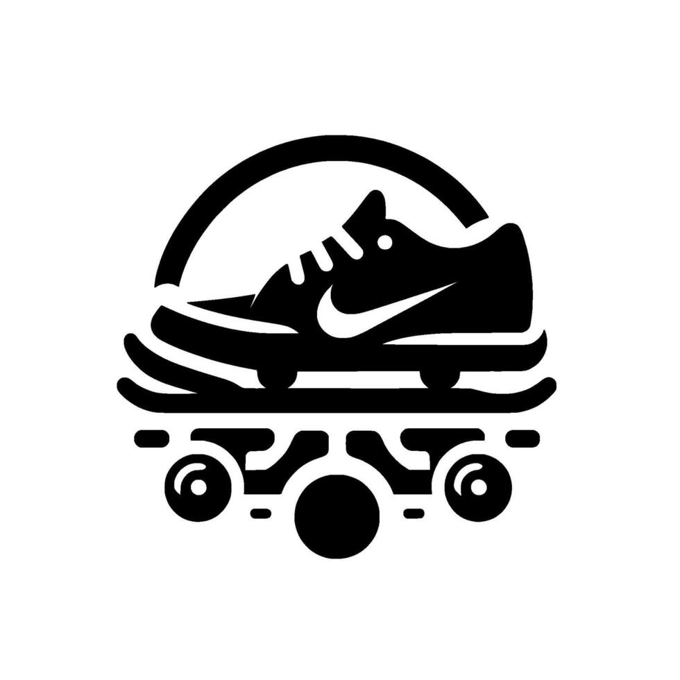 Black and white stylized of a sneaker atop a skateboard with an arch element, perfect for streetwear brands. vector