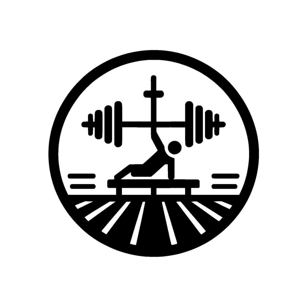 Black and white illustrating weightlifter bench pressing a barbell with a crossshaped center, enclosed in a circular frame. vector