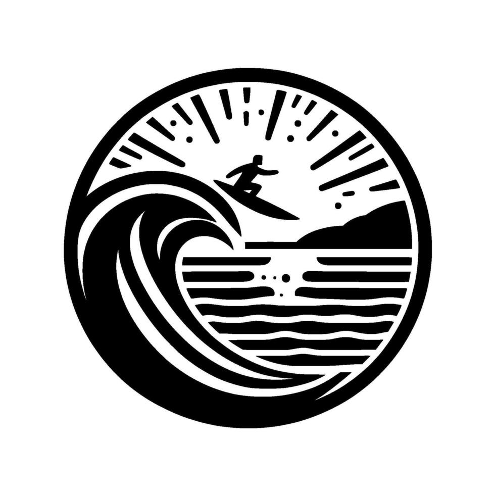 Silhouetted Surfer Riding a Wave, Ocean Scene, and a Circular Emblem Featuring a Coastal Silhouette. vector