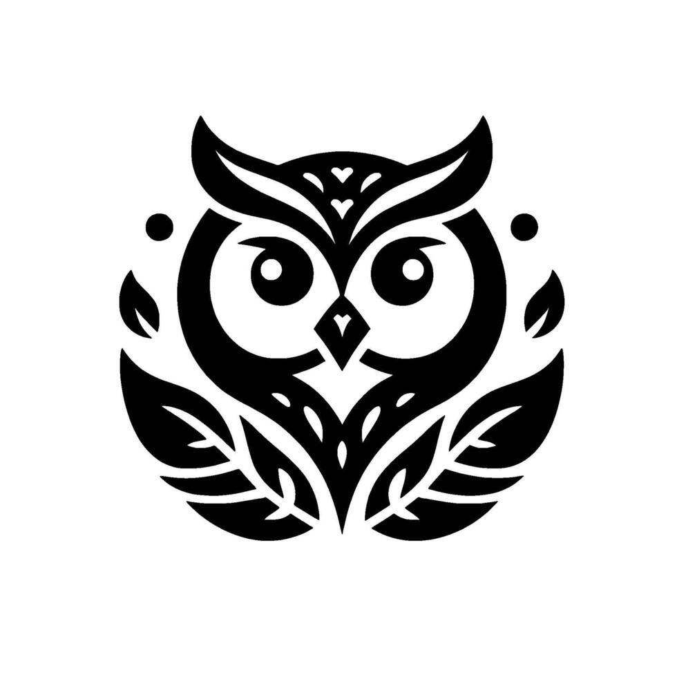 Minimalist Black White Owl Silhouette with Leaf Accents, , Nature . vector