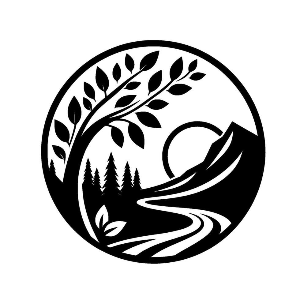 Circular Black and White Nature Illustration Tree, Forest, Mountain, Sun, and Winding Road in a Symbolic . vector