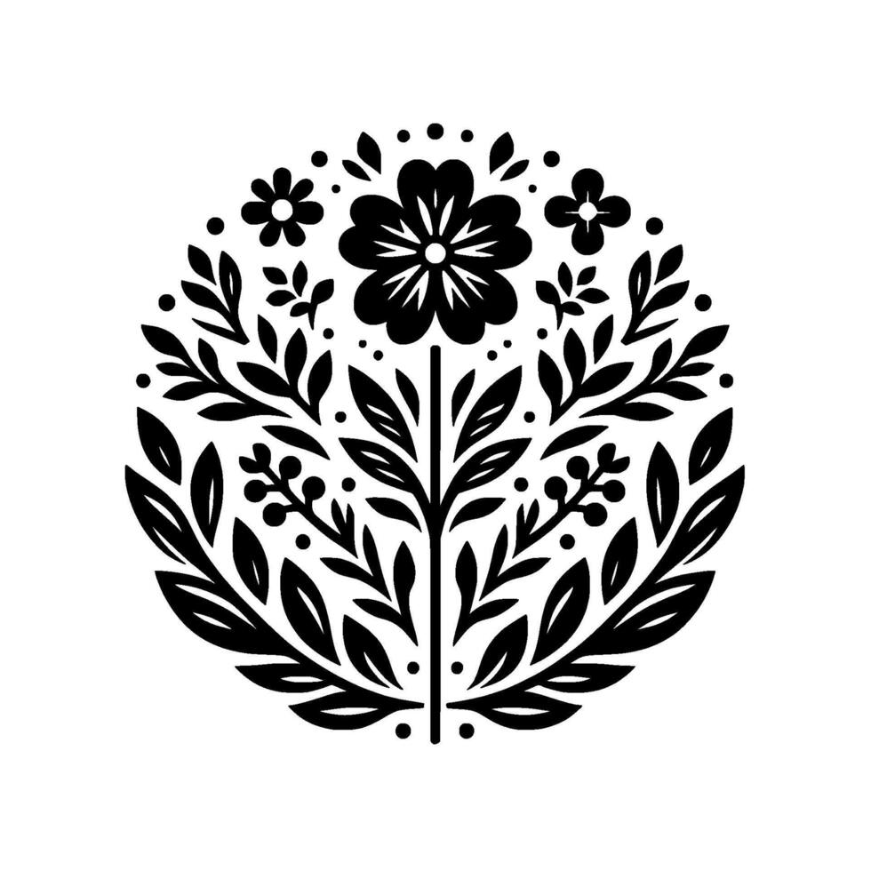 Circular Black White Floral Illustration, featuring detailed symmetrical arrangement of flowers, leaves, berries, and dotted elements, evoking a sense of elegance and natural beauty, in a minimalist vector