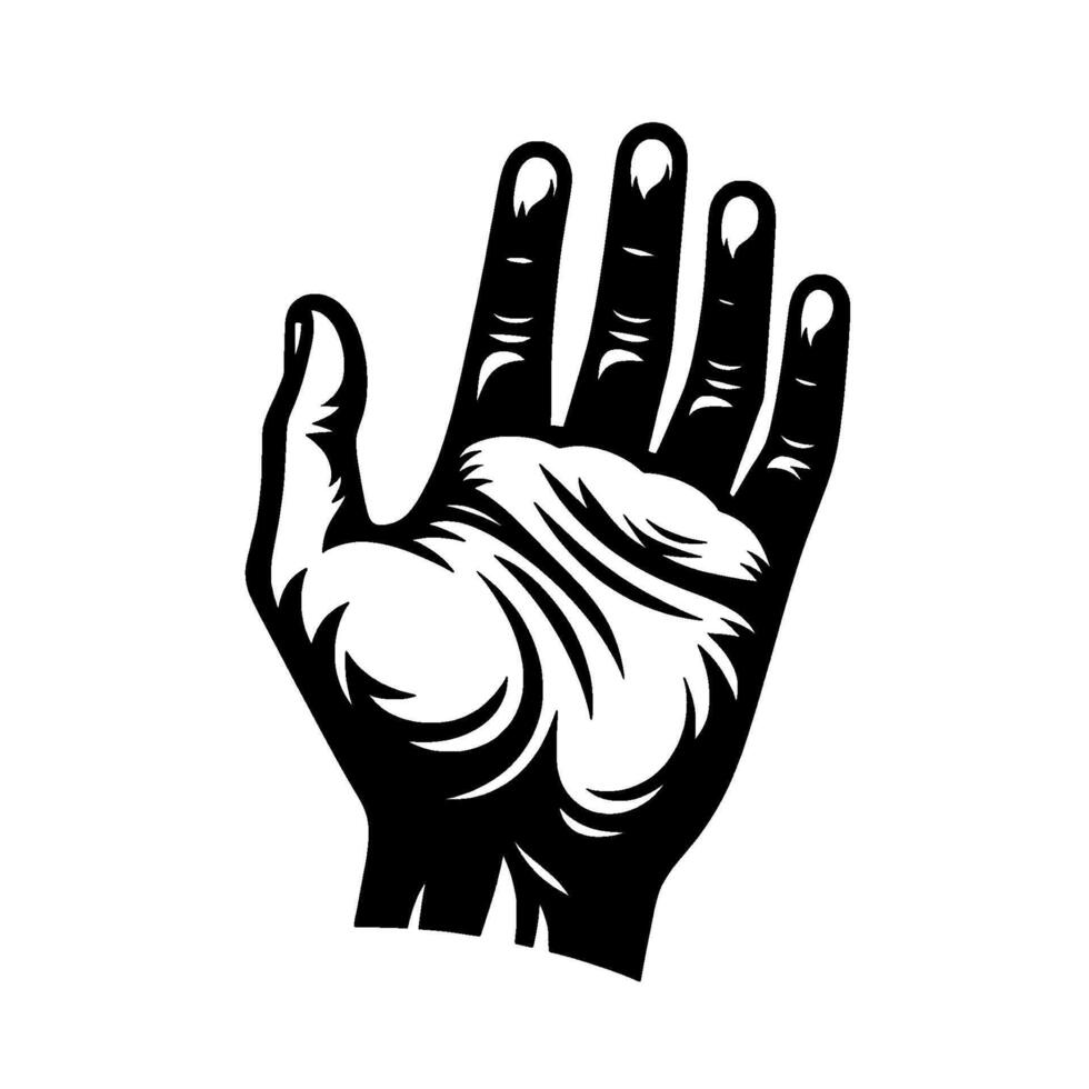 A bold, highcontrast illustration of an open human hand, rendered in a black and white, stylized, style. vector