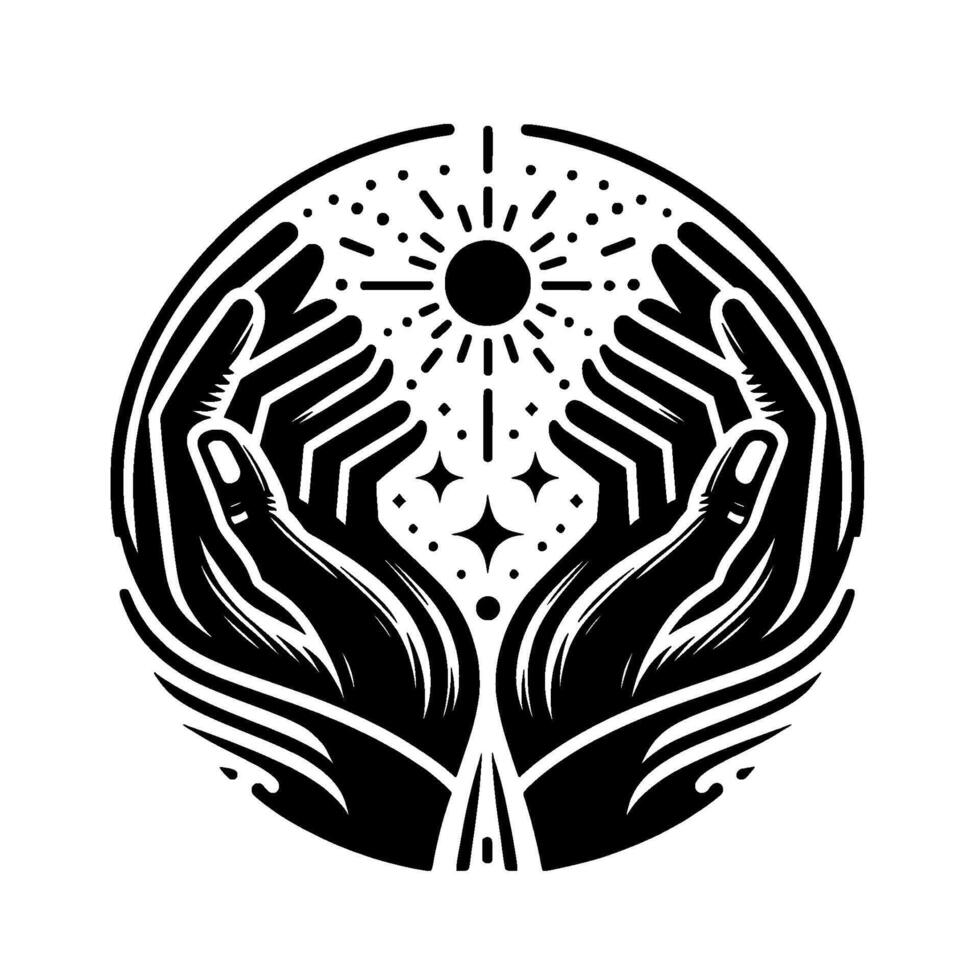 Black and white circular illustration of cupped hands embracing a radiant sun, stars, and cosmic elements, signifying protection and spirituality. vector