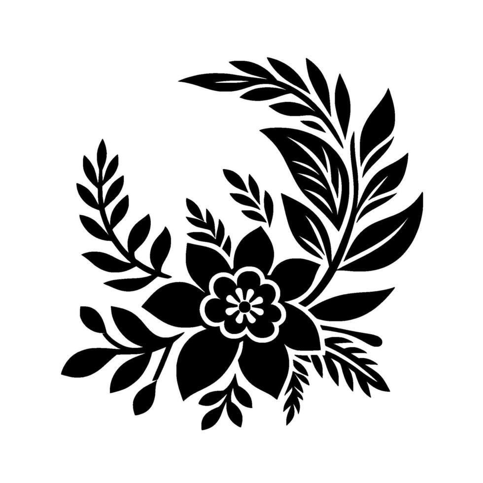 Artistic Black and White Floral A stylized flower with surrounding leaves and branches arranged in a semicircular, decorative composition on white background. vector
