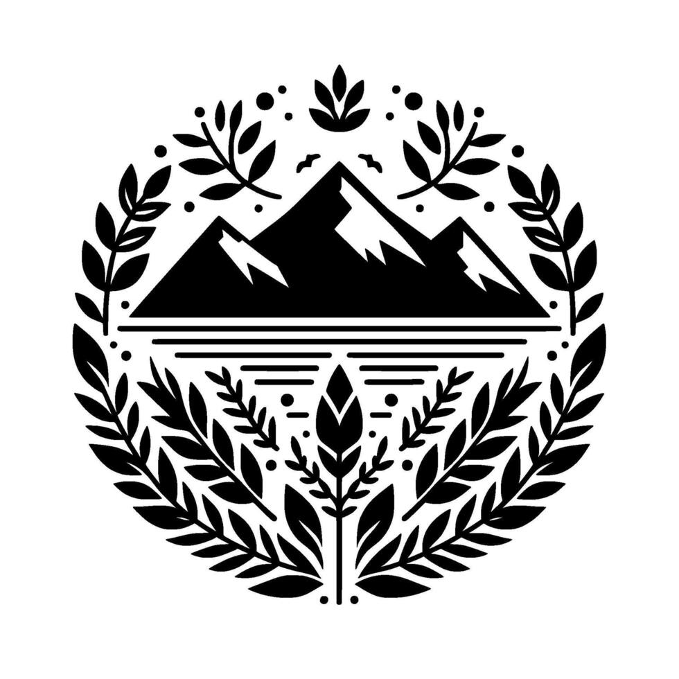 Black and White Circular Mountains over Water, Surrounded by Laurel Wreath and Nature Elements, Geometric . vector