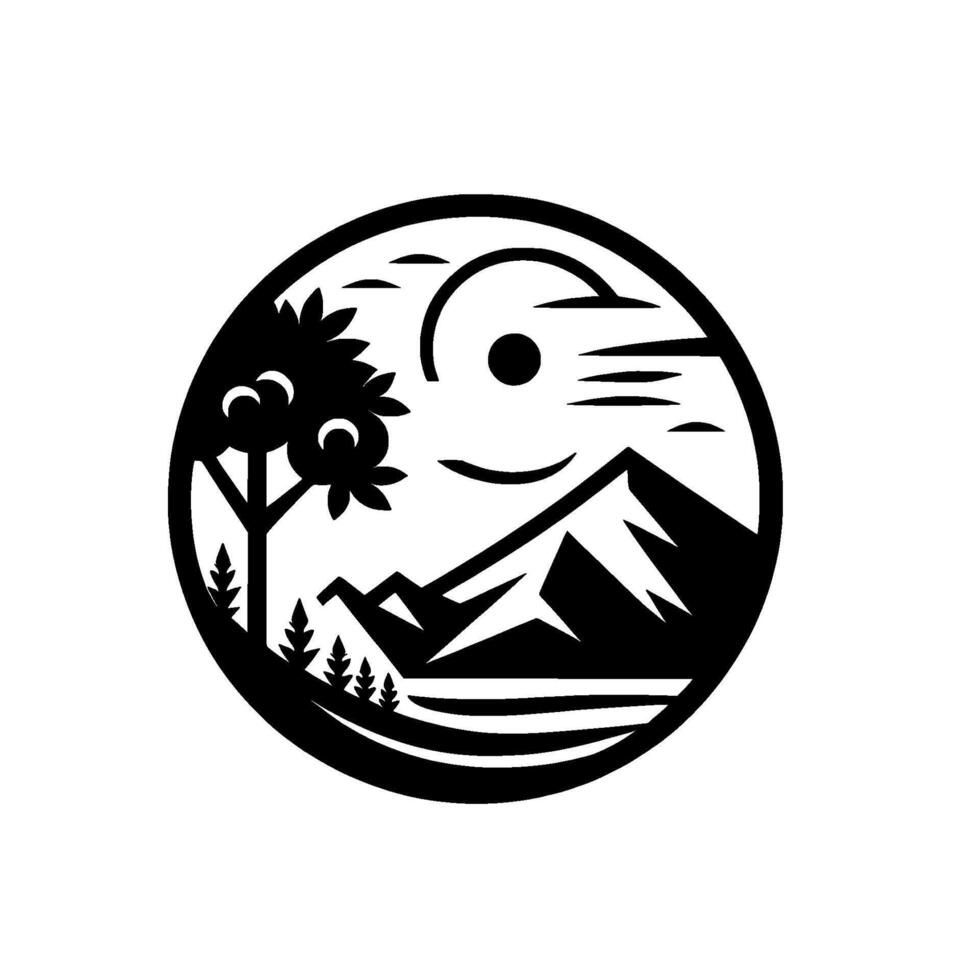 Circular black and white landscape illustration of a stylized mountains, tree and a sun. vector