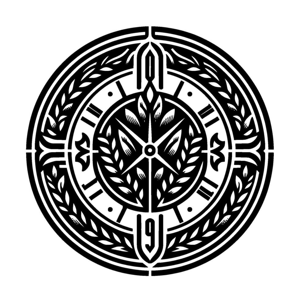 Ornate Black and White Circular Emblem Featuring Floral and Geometric Designs, Roman Numerals, and a Central Starburst. vector
