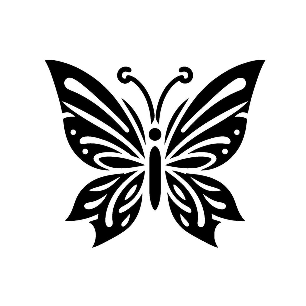 Symmetric Black and White Butterfly Silhouette with Detailed Wing Patterns and Antennae on a Solid White Background. vector