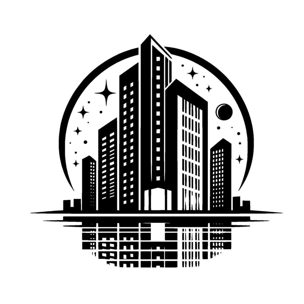 Silhouette of a modern cityscape, featuring highrise buildings, celestial bodies, and a symmetrical reflection, all within a circular frame. vector