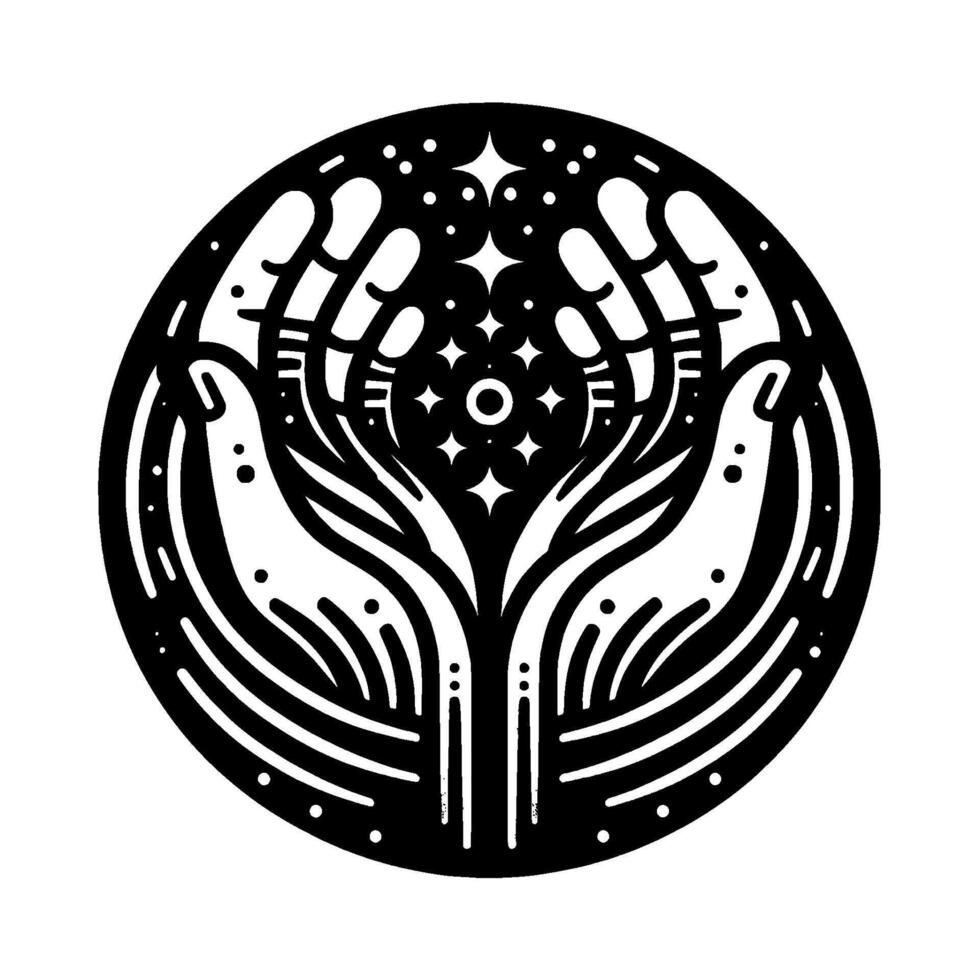 Stylized Black and White Illustration of Hands Reaching Upwards, Cupping a Center of Stars, and a Circle Frame. vector