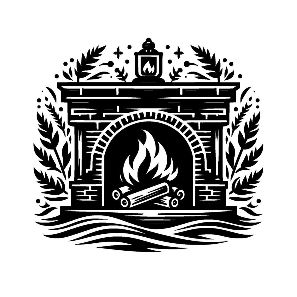 Cozy Black White Fireplace Illustration Burning Fire, Log Stack, Archway, Brick , Rustic, Festive, Foliage Lantern vector