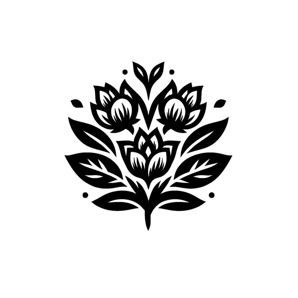 Symmetrical Black and White Floral Emblem with stylized blossoms and leaves arranged in an artistic composition. vector