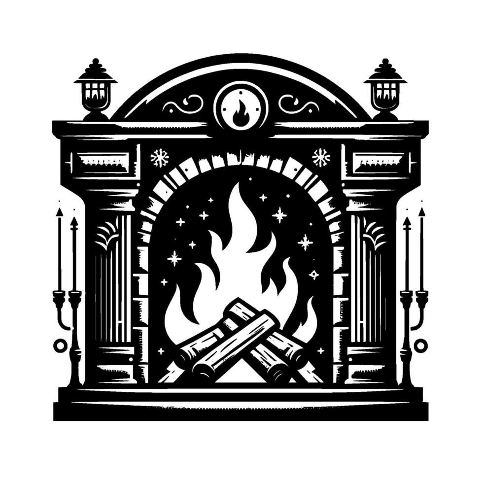 Intricate Black White Fireplace Illustration with Burning Flames, Candle Holders, Lanterns, and Starry Night Interior. vector