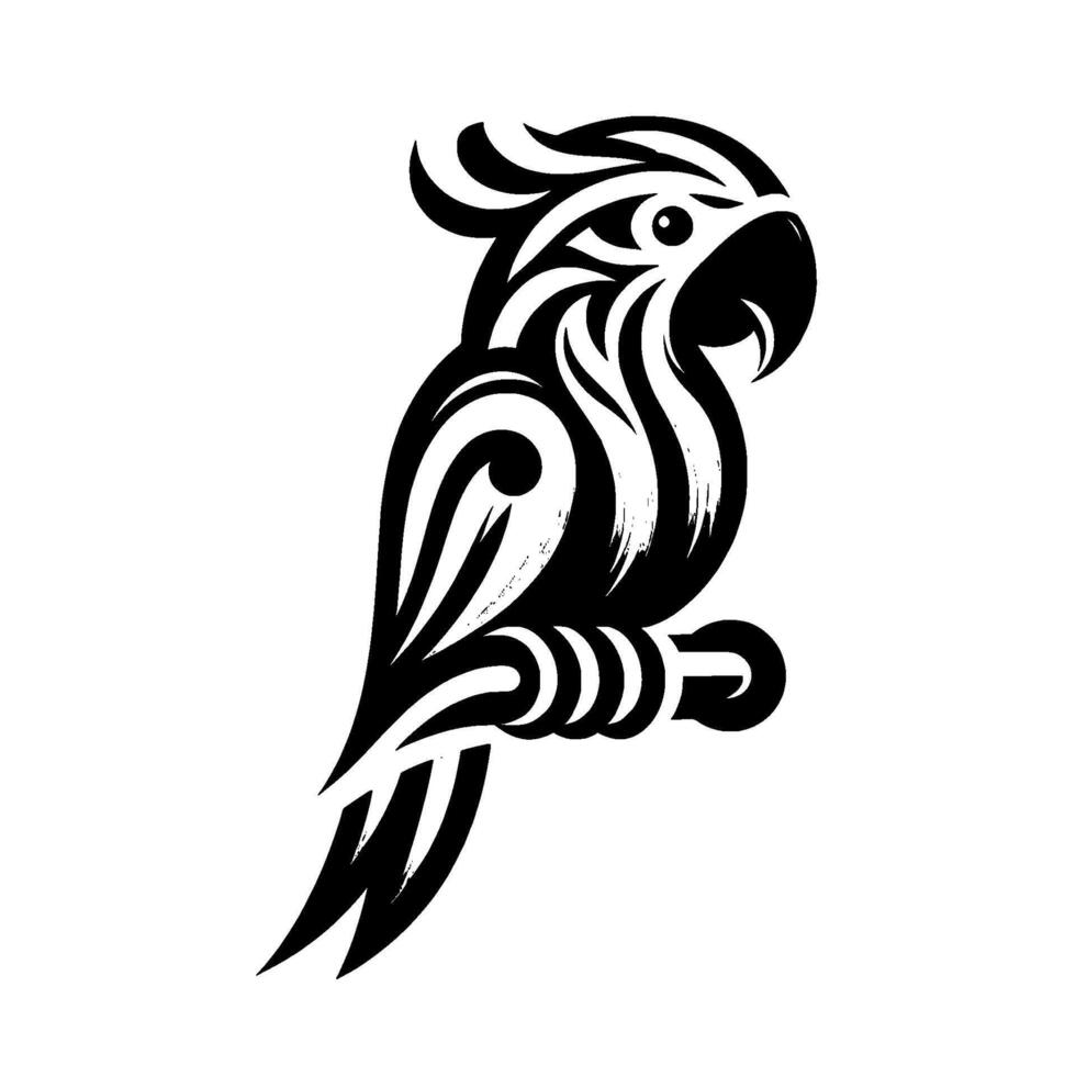 Intricate Black and White Parrot Illustration TribalInspired of a Perched Bird with Decorative Patterns and Stylized Feathers. vector