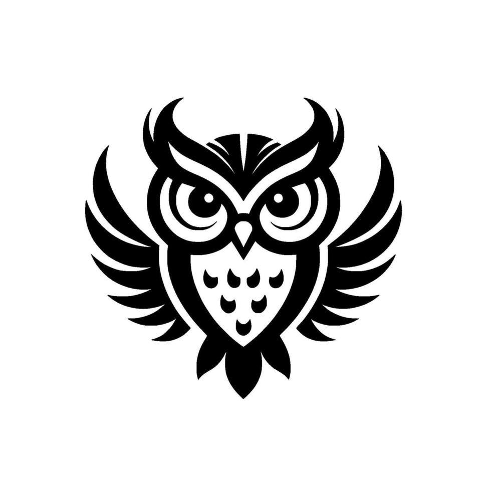 A symmetrical, bold, black and white of a stylized owl with spread wings, exuding a sense of wisdom and nature on white background. vector