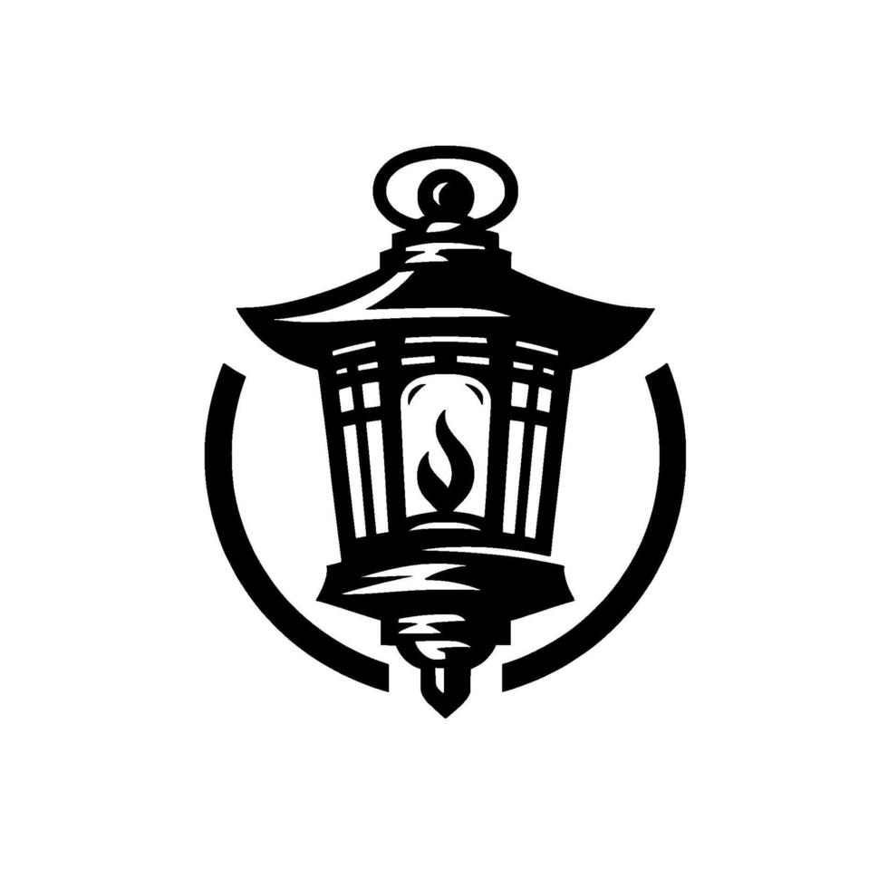 Black and white minimalist Japaneseinspired lantern with a flame, enclosed within a circular frame on a clean, white background. vector