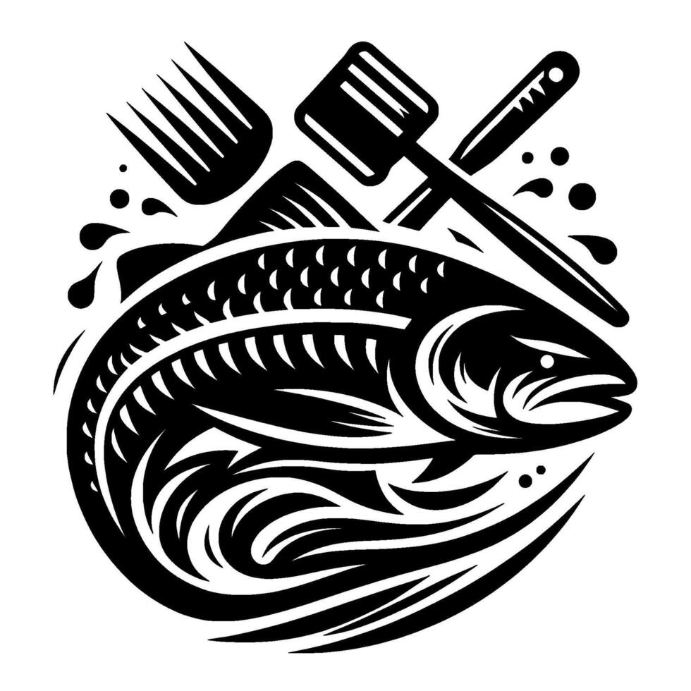 Bold Black and White Illustration Fish with Fork, Hammer, and Knife, Depicting Culinary Delights and Seafood Preparation vector
