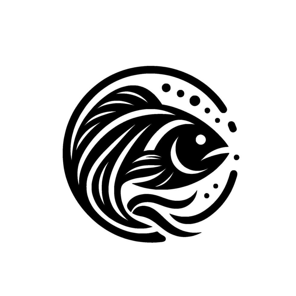 Stylized Monochrome Fish , Aquatic Within a Circular Frame Featuring Curved Fins, Scales, and Bubbles, Minimalist. vector