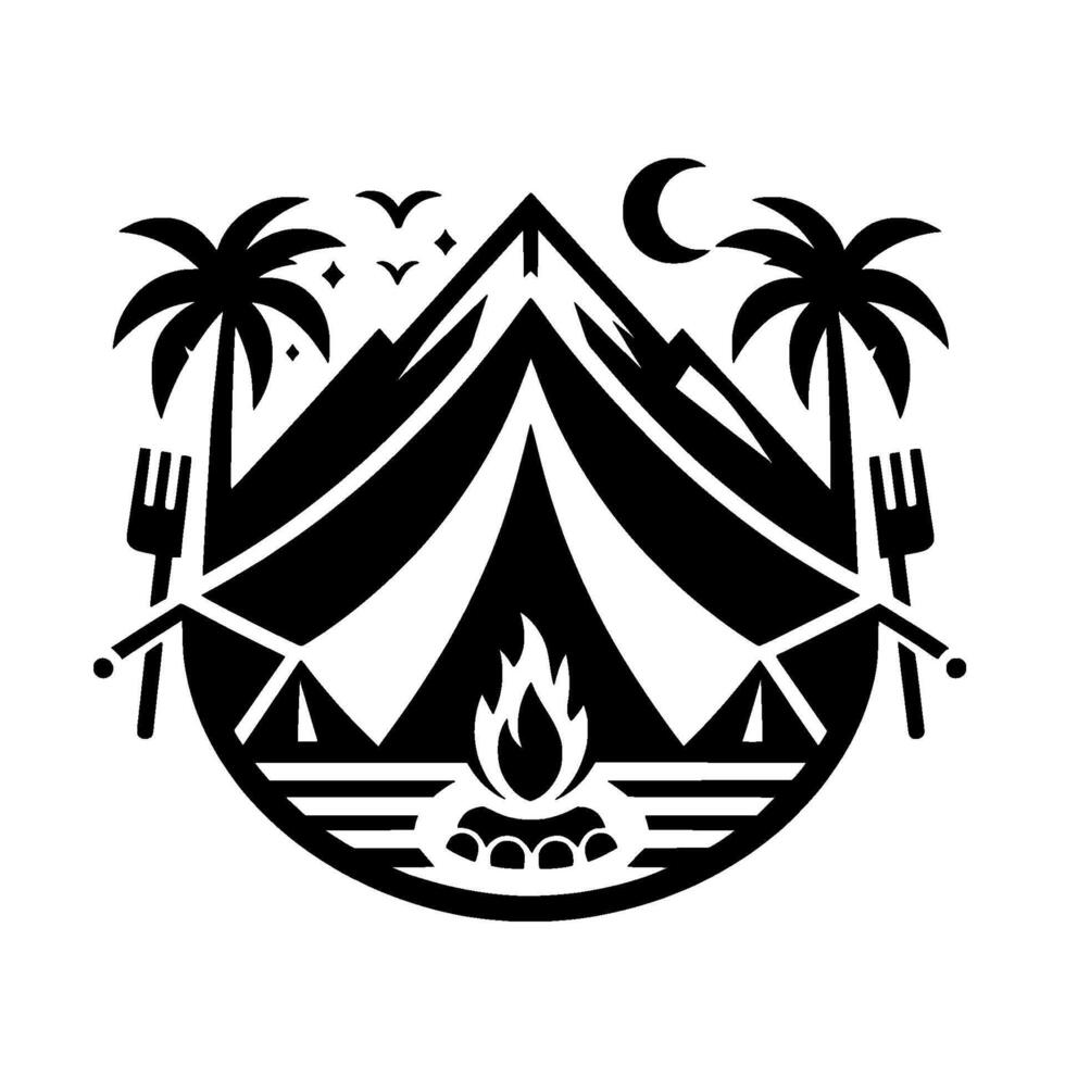 Black and white minimalist camping scene featuring tent, bonfire, mountains, palm trees, moon, stars, birds, and utensils. vector