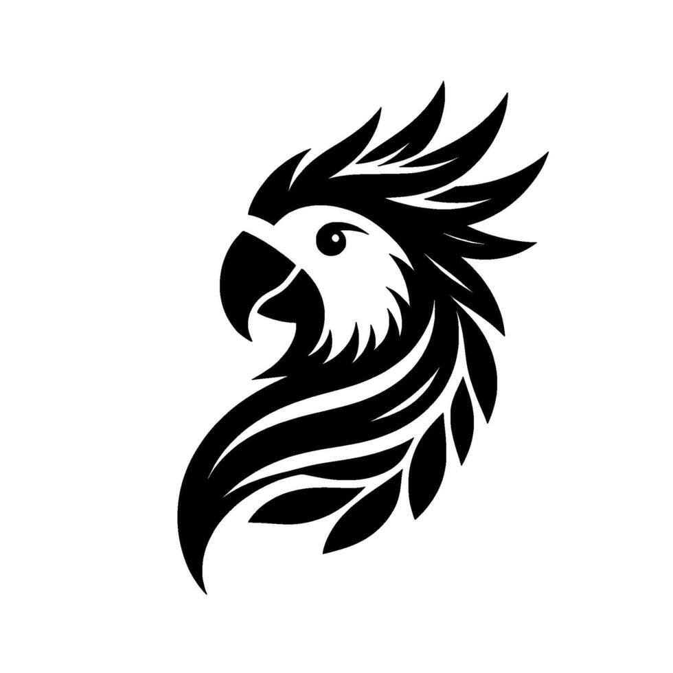 A minimalist black and white illustration of a parrots head, featuring stylized feather detailing and a clean aesthetic. vector