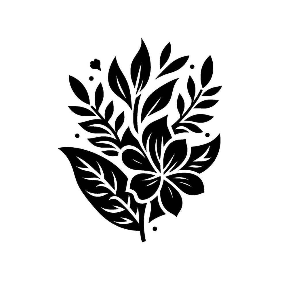 Bold Black and White Floral Composition A stylized botanical arrangement showcasing leaves, a flower, and delicate accents against a stark white backdrop. vector