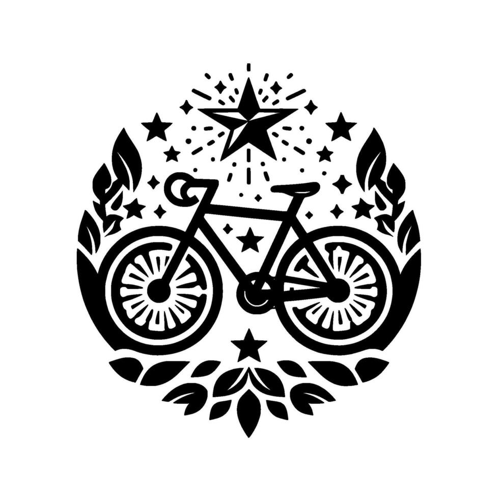 Black and white bicycle emblem featuring a star and leaf , conveying a patriotic, outdoorsy, and ecofriendly vibe within a circular frame. vector