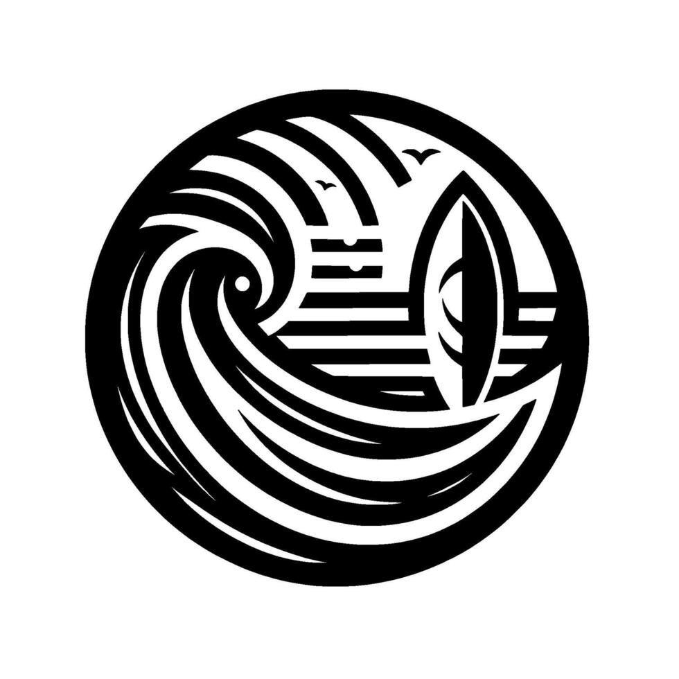 Circular Black White Surf Stylized wave, surfboard, birds, in a minimalist illustration within a circle. vector