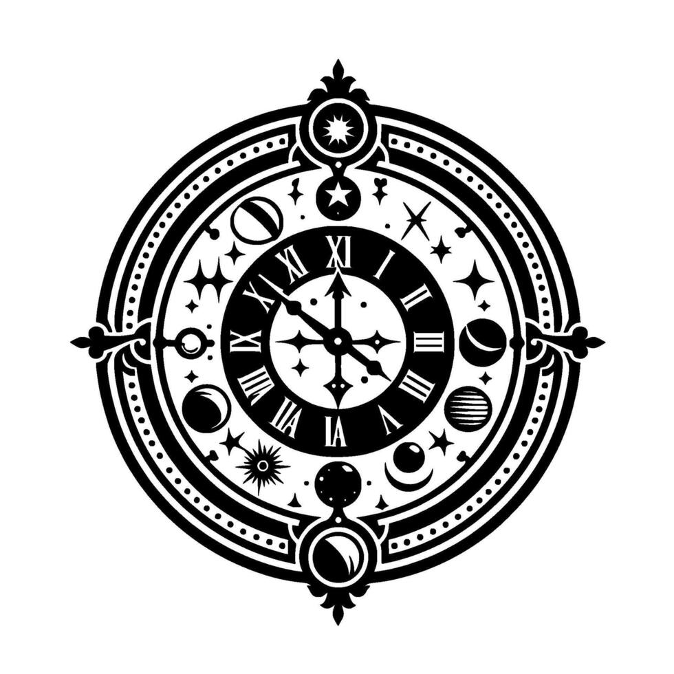 Celestial Clock A symmetrical black and white illustration featuring Roman numerals, stars, planets, and decorative elements. vector