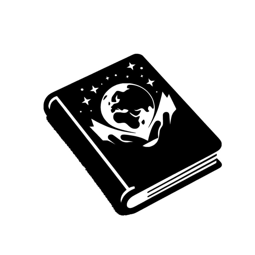 Black White Illustration An Open Book with a World Globe in Hands, Surrounded by Stars and Set Against a White Background vector