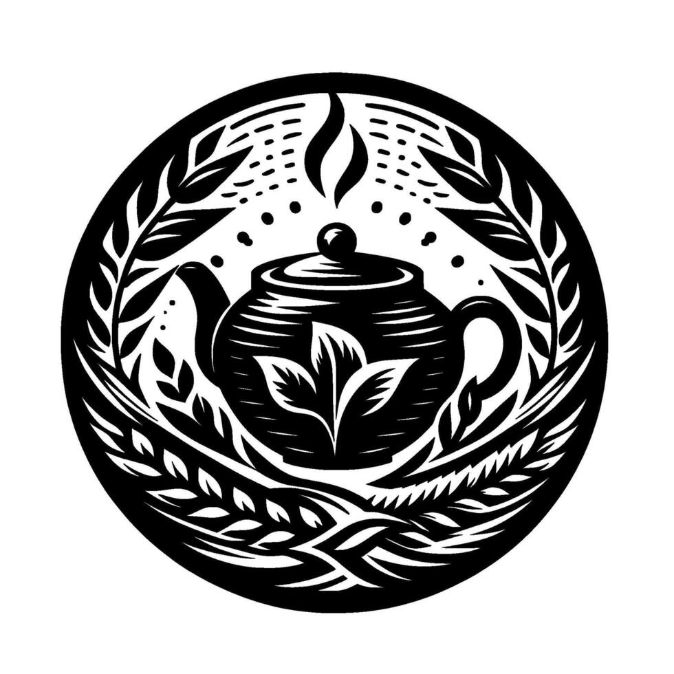 Intricate Black and White Circular Featuring a Teapot, Leaves, and Organic Flourishes perfect for a . vector