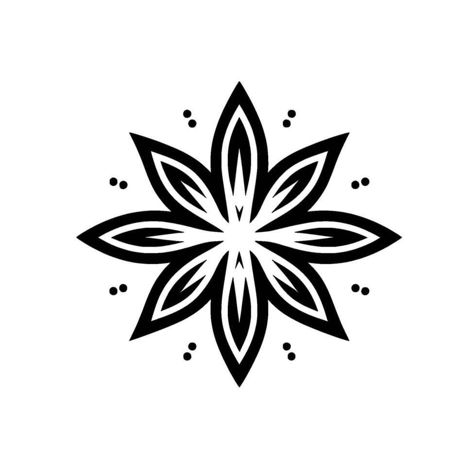 Symmetrical Black and White Floral Mandala with Geometric Petals and Dot Accents on a Clean White Backdrop. vector
