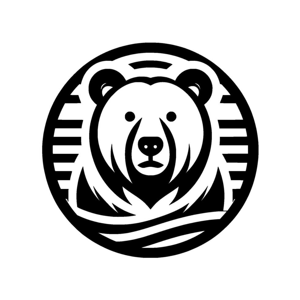 Monochrome Bear Simplified stylized bear head within a striped circular frame, evoking strength wildlife. vector