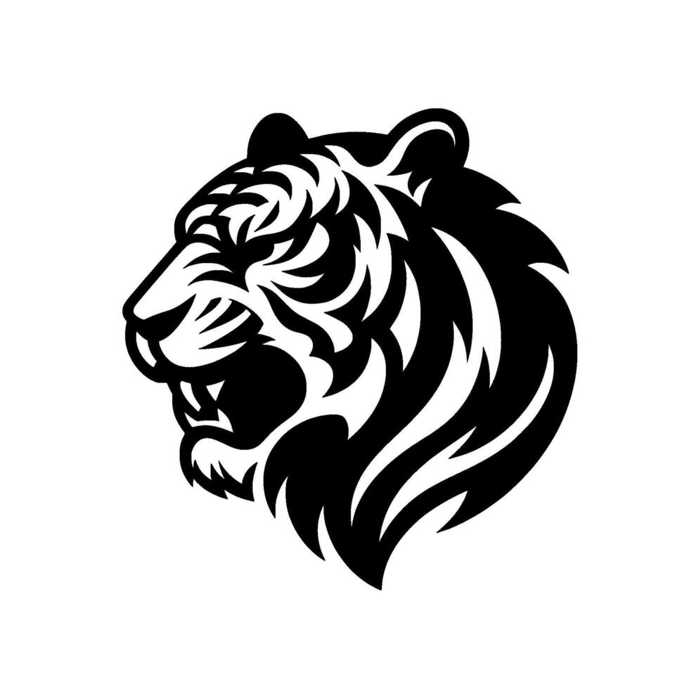 Striking Black and White Tiger Head Silhouette, with Detailed Pattern and Aggressive Pose, Isolated on White Background. vector