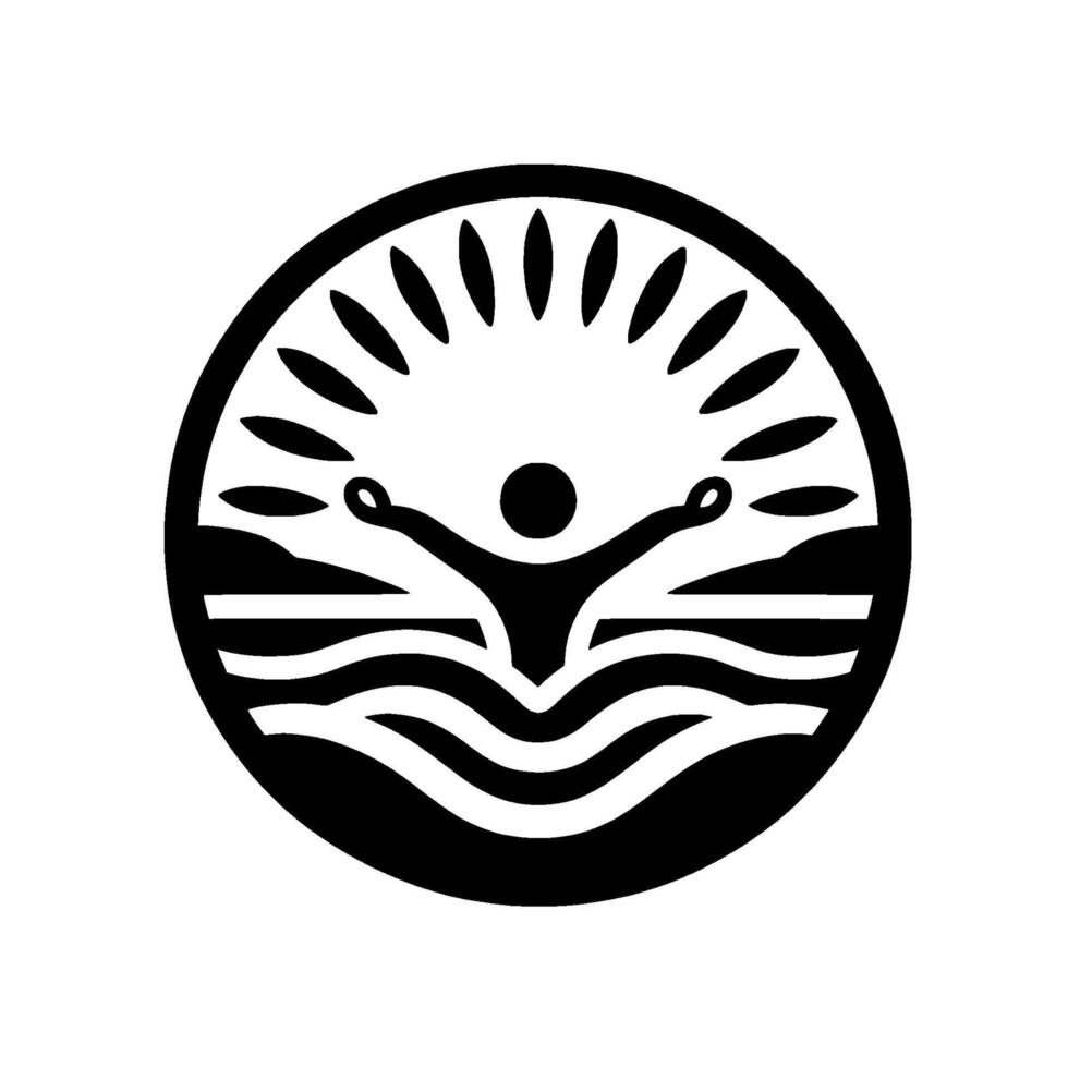 Black and white circular of a person in water, arms outstretched, sun radiating, and abstract landscape elements. vector