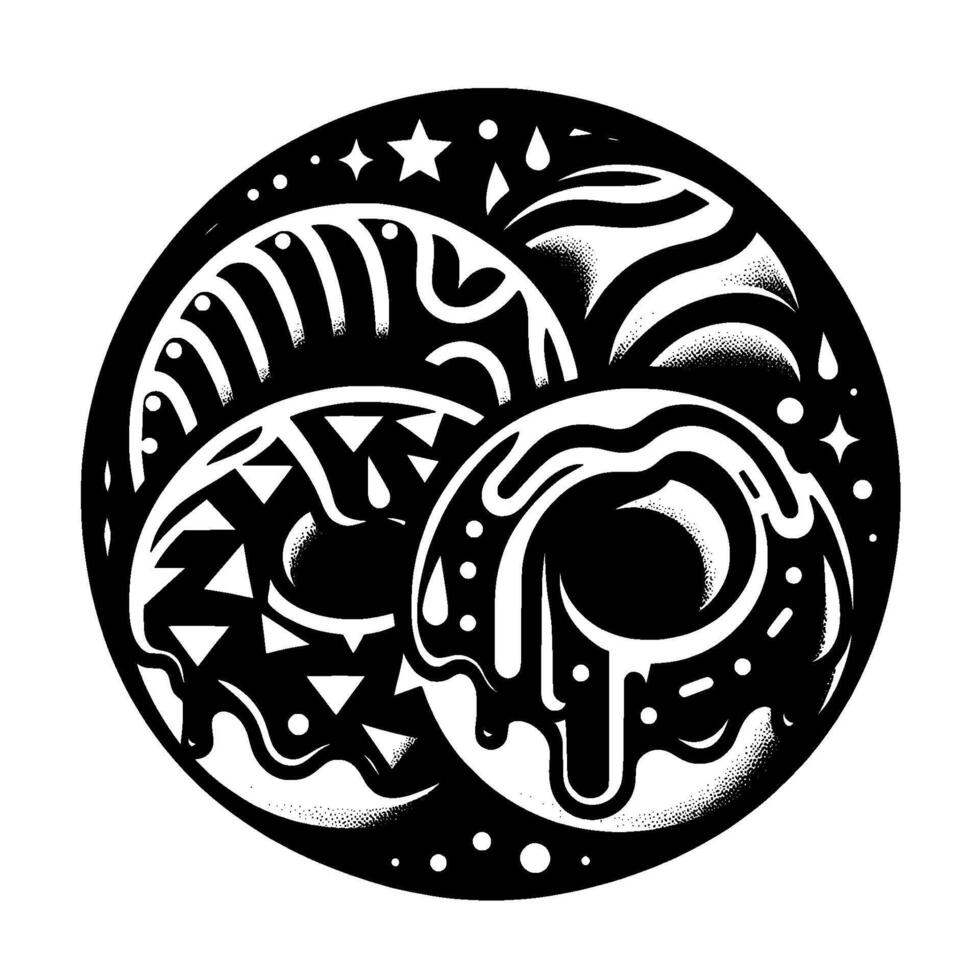 Stylized Black White Donut Composition with Ornate Patterned Layers, Decorative Elements, and a Circle Frame. vector