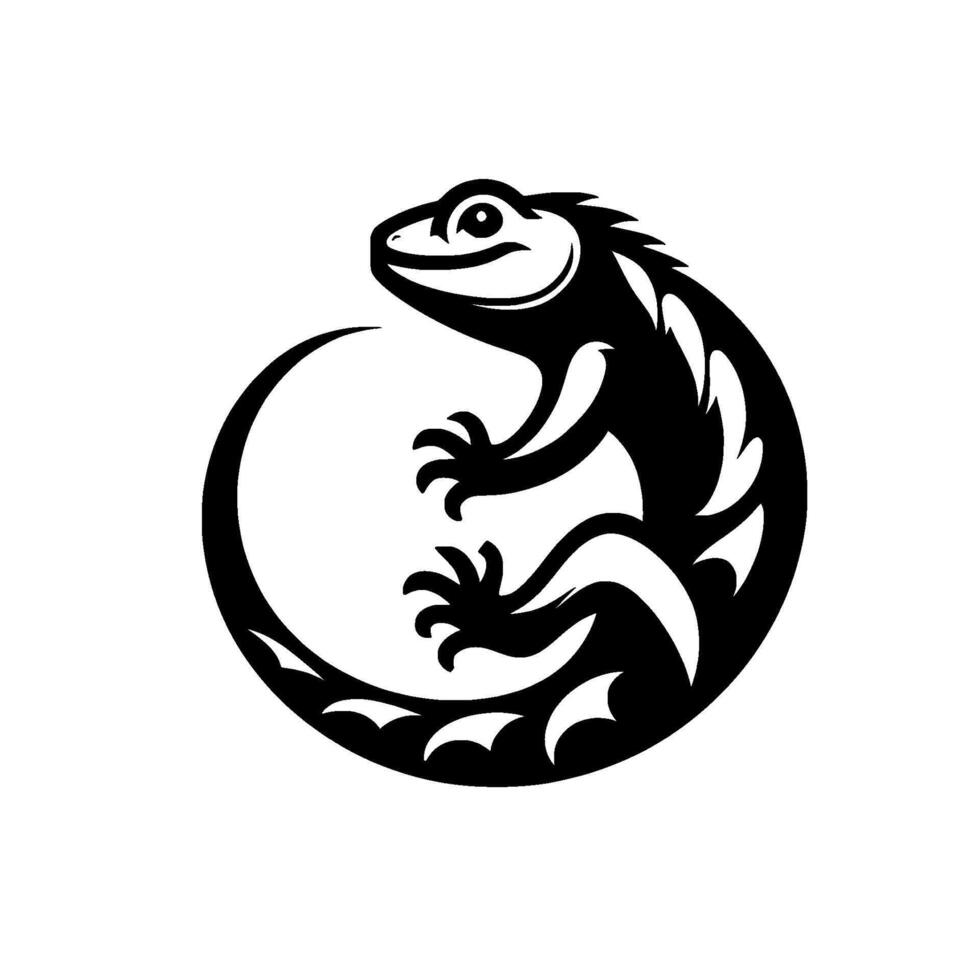 Stylized monochrome illustration of a smiling lizard in a circular pose, with a black body, white details, and a playful, positive feel against a stark white background. vector