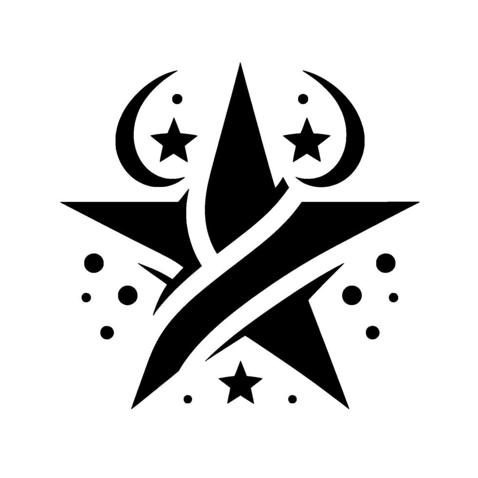 Black and white, symmetrical star with crescent moons, stars, and dot accents. vector
