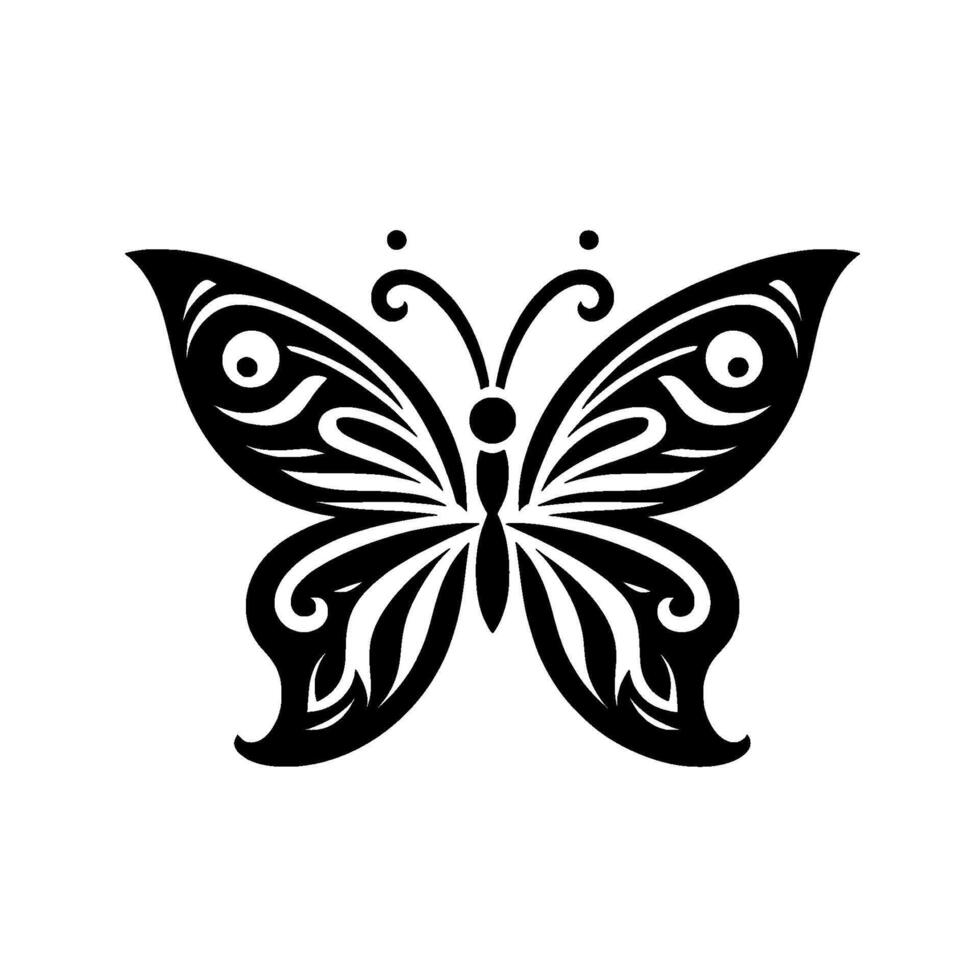 Symmetrical Black and White Butterfly Silhouette with Ornate Wing Patterns on a White Circular Backdrop, Symbolic of Nature and Transformation. vector